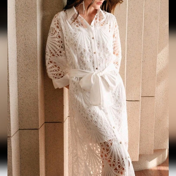 Mid-Sleeve Lace Embroidered Vacation Style Women's Midi Dress - Picture 5 of 5